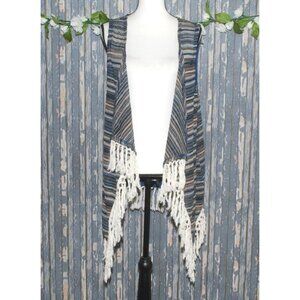 Umgee Striped Cardigan Open Knit Sweater Vest S/M Boho Long Fringe Hem Festival
